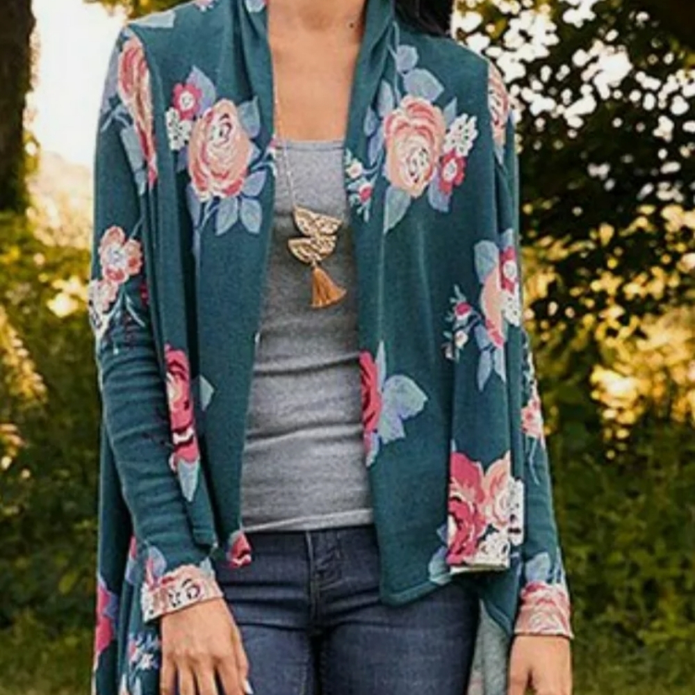 Matilda Jane Cozy Days Cardigan Medium Blue Green Rose Print Floral NWT